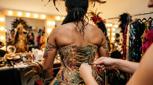 Theatrical actress receiving costume fitting adjustments inside authentic dressing room vanity mirror setup