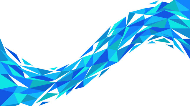 Triangles in blue and cyan shades create a dynamic wave pattern flowing across a clean white background with ample room for text.