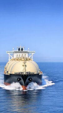 A large gas tanker is captured cruising across the blue ocean under a clear sky.
