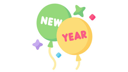 Green and yellow balloons with New Year text and party confetti on a black background © Dilshad