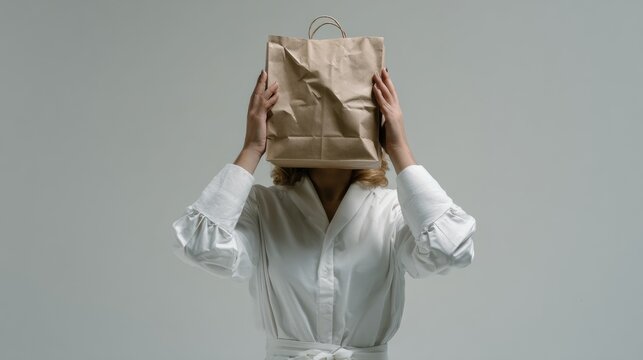 Person with Paper Bag Covering Face in Conceptual Portrait