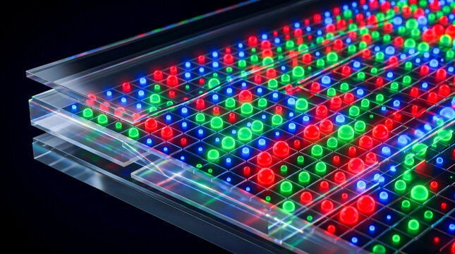 Quantum dot grid blue smallest green medium red largest pure wavelength halos dark, QD-LED photonics