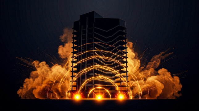 Building silhouette gold implosion base wave floors collapsing inward amber debris dark, controlled demolition