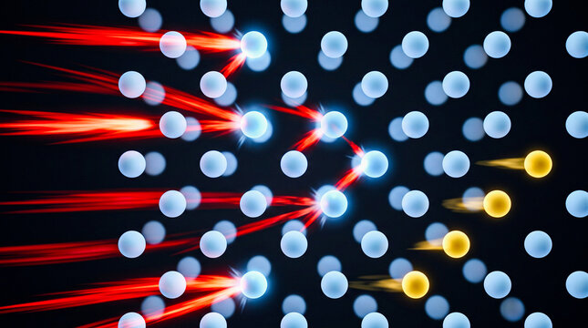Fast red neutrons colliding blue moderator lattice slowing to gold thermal neutrons dark, moderation