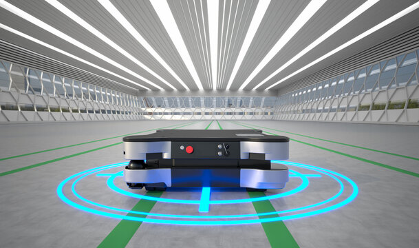A robotic automated guided vehicle transports goods in a modern warehouse.3D Render.