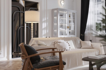 Luxurious apartment with a white background design, designed sofa and armchair in the livingroom. © Dulal