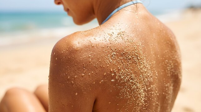 Woman with sand covered back relaxing on tropical beach during vacation