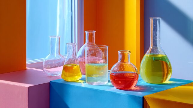 Colorful Laboratory Glassware on Geometric Platforms