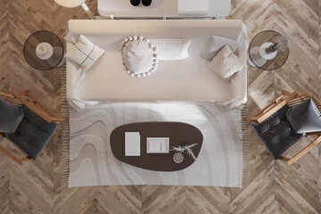 This luxurious apartment net and clean with designer white furniture and parquet flooring © Dulal