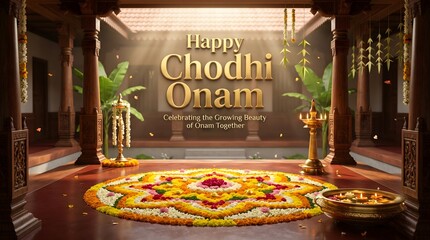 Fototapeta premium Happy chodhi onam celebration background with traditional floral pookalam design
