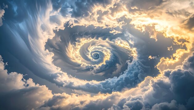 Surreal spiral of ethereal clouds swirling in a dramatic sky, creating a hypnotic cosmic vortex effect