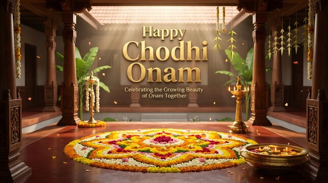 Happy chodhi onam celebration background with traditional floral pookalam design