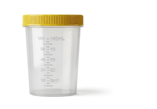 Sterile Urine Sample Container with Yellow Cap on White Background.