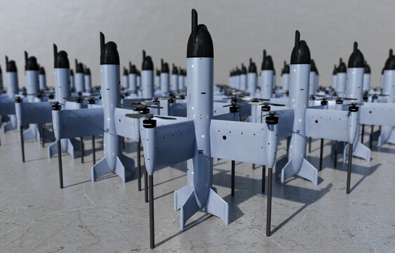 Anti-drone system.Next-generation interceptor drones on the warehouse floor.3D Render.