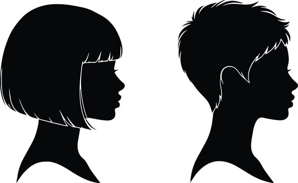 Black vector silhouettes of two women profile heads with short hairstyles on white background