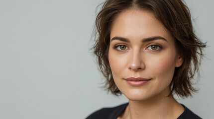 Fototapeta premium Close up portrait of middle aged woman with neutral expression and soft natural light