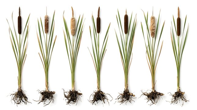 Cattail plants with roots on white background, set of seven aquatic bulrush stalks, botanical Typha latifolia specimens for nature study and biology