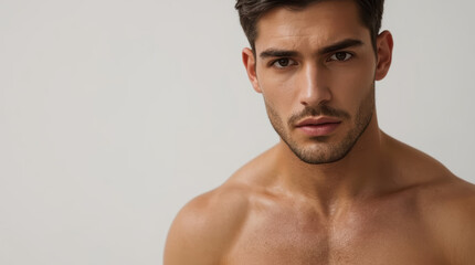 Fototapeta premium Muscular shirtless man portrait, close up, minimal studio lighting, intense expression