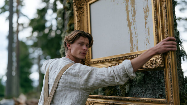 A picture framer working alone in a wooded outdoor area, candidly hanging a large gilt frame on a mossy tree trunk, amused expression, unexpected placement, nature art
