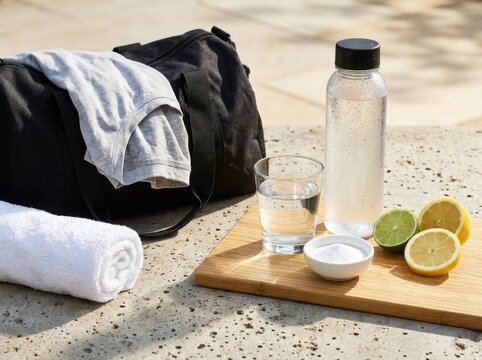 Gym bag with water bottle and fresh lime slices for healthy workout
