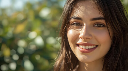Fototapeta premium Young smiling woman portrait with warm sunlight and natural bokeh