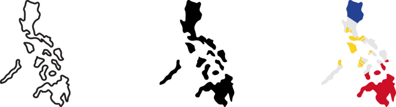 Three variations of the philippines country map shape including a simple black outline, a solid black silhouette, and a map filled with the blue, red, white, and yellow national flag