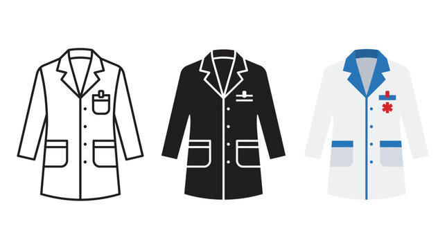 Set of three doctor lab coat icons in outline silhouette and flat color style Vector