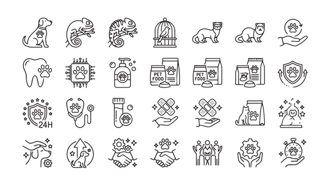 Veterinary medicine and pet care line icons with health insurance pet food animal welfare veterinary medicine