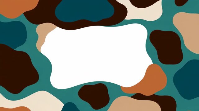 Camouflage shapes surrounding white irregular label on teal field