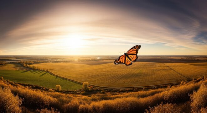 Monarch Butterfly Flying Over Golden Fields at Sunset