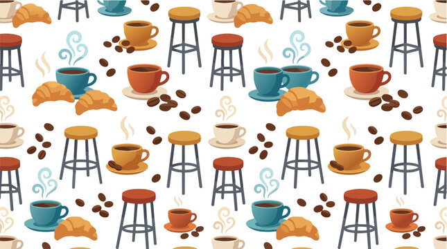 Seamless pattern with coffee cups croissants and bar stools.