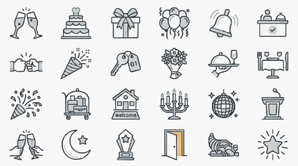 Industrial Style Flat Icons Set of Celebration Party Travel Home and Achievement Themes in Minimalist Black and White © Itang