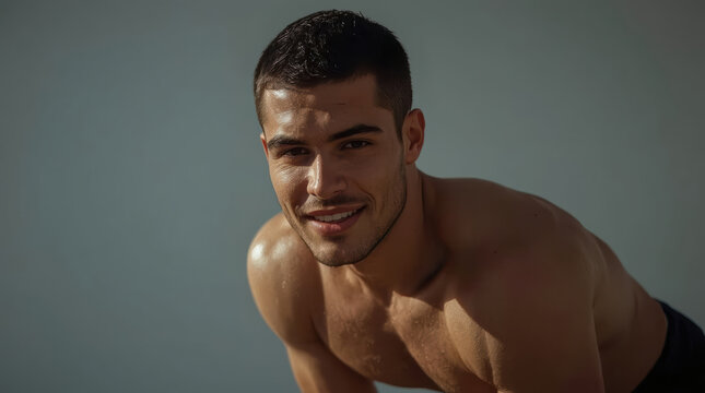 Athletic shirtless man smiling with minimal portrait lighting and warm mood
