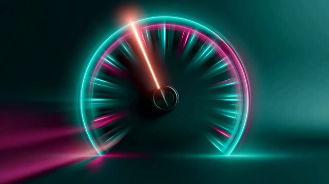 Neon speedometer dial indicating motion on dark reflective base