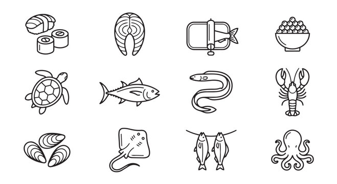 Seafood and ocean animal hand drawn icons for restaurant and food menus with stingray shellfish restaurant wildlife