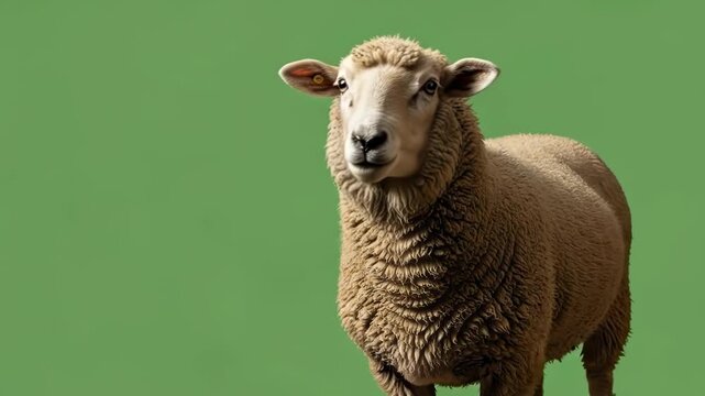 A detailed portrait of a fluffy brown sheep standing against a green background