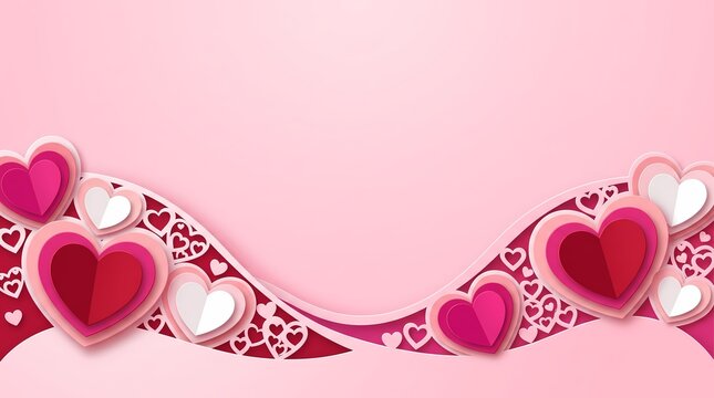 Romantic pink paper cut layered hearts wave border on soft pastel background for Valentine's love