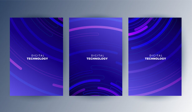 Abstract blue digital technology cover template set with futuristic concentric circular neon lines, purple cyber network poster background, A4 brochure layout for business report presentation.