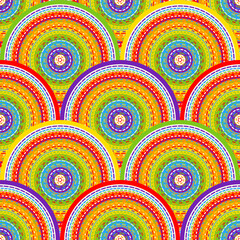 Obraz premium Rainbow multicolor pattern of concentric circles and arches, joyful colorful background, seamless vector pattern