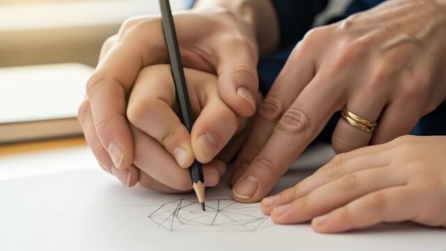 A close up of an adult hand guiding a childs hand while drawing with pencil