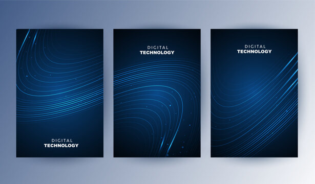 Abstract blue digital technology cover template set with futuristic glowing curved wave lines, cyan light flow poster background, A4 brochure layout for cyber network science business presentation.
