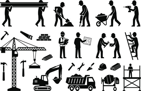 Construction workers and heavy machinery silhouette set with builders tools tower crane excavator and truck icons