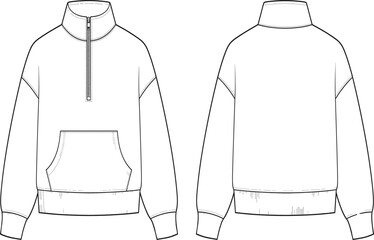 Fashion technical flat sketch of oversized half zip fleece sweatshirt with kangaroo pocket front and back view © MdSohel