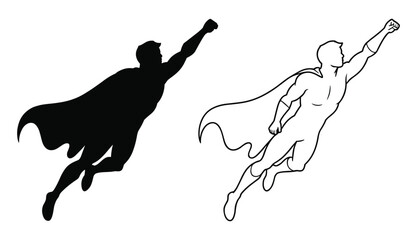 Two superhero flying in silhouette and outline styles, showing a man with a cape in a heroic pose for comic book concepts © VectorVibe Studio