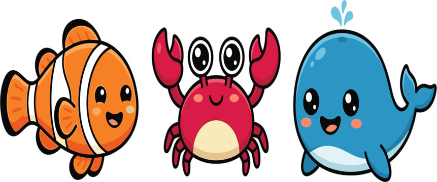 Cute kawaii sea animal collection featuring clownfish crab and whale smiling cartoon marine vector illustration set for kids