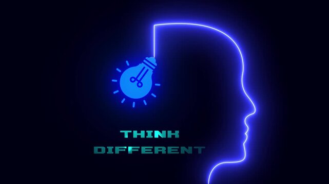 Think different creative concept featuring neon human head and glowing light bulb for unique mindset
