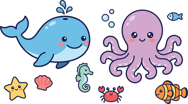 Cute kawaii sea animal collection featuring whale octopus clownfish seahorse crab and starfish cartoon vector illustration set
