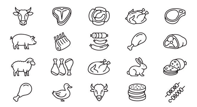 Meat and livestock icon set including beef cow pork chicken and various cuts with livestock slaughter culinary