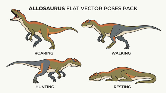 Set of colorful flat vector illustrations showing allosaurus dinosaur in poses