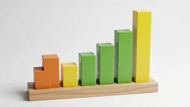 A wooden bar chart showing a positive growth trend with colorful blocks
